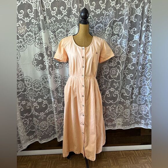 Vintage 90s FADS Peach Short Sleeve Cotton Button Down Dress with Pockets - Picture 1 of 8